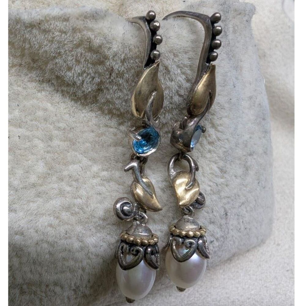 Barbara Bixby 925 & 18K Gold Freshwater Pearl Blue Topaz Dangle Earrings